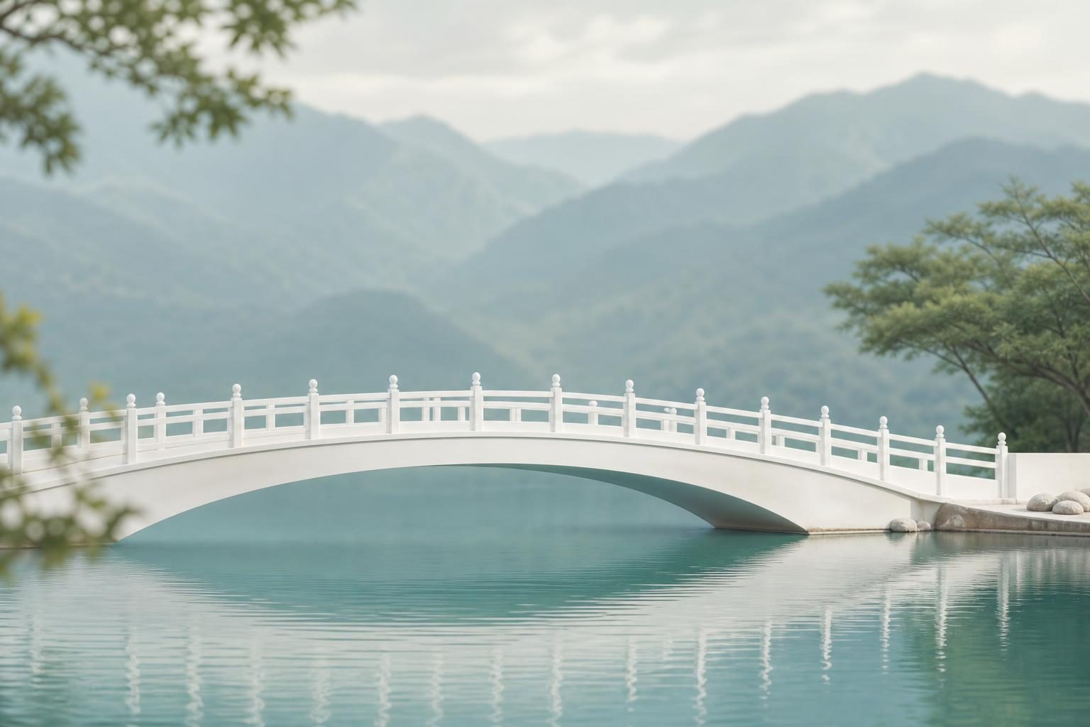 Pont blanc franchissant une eau turquoise, montagnes en arrière-plan