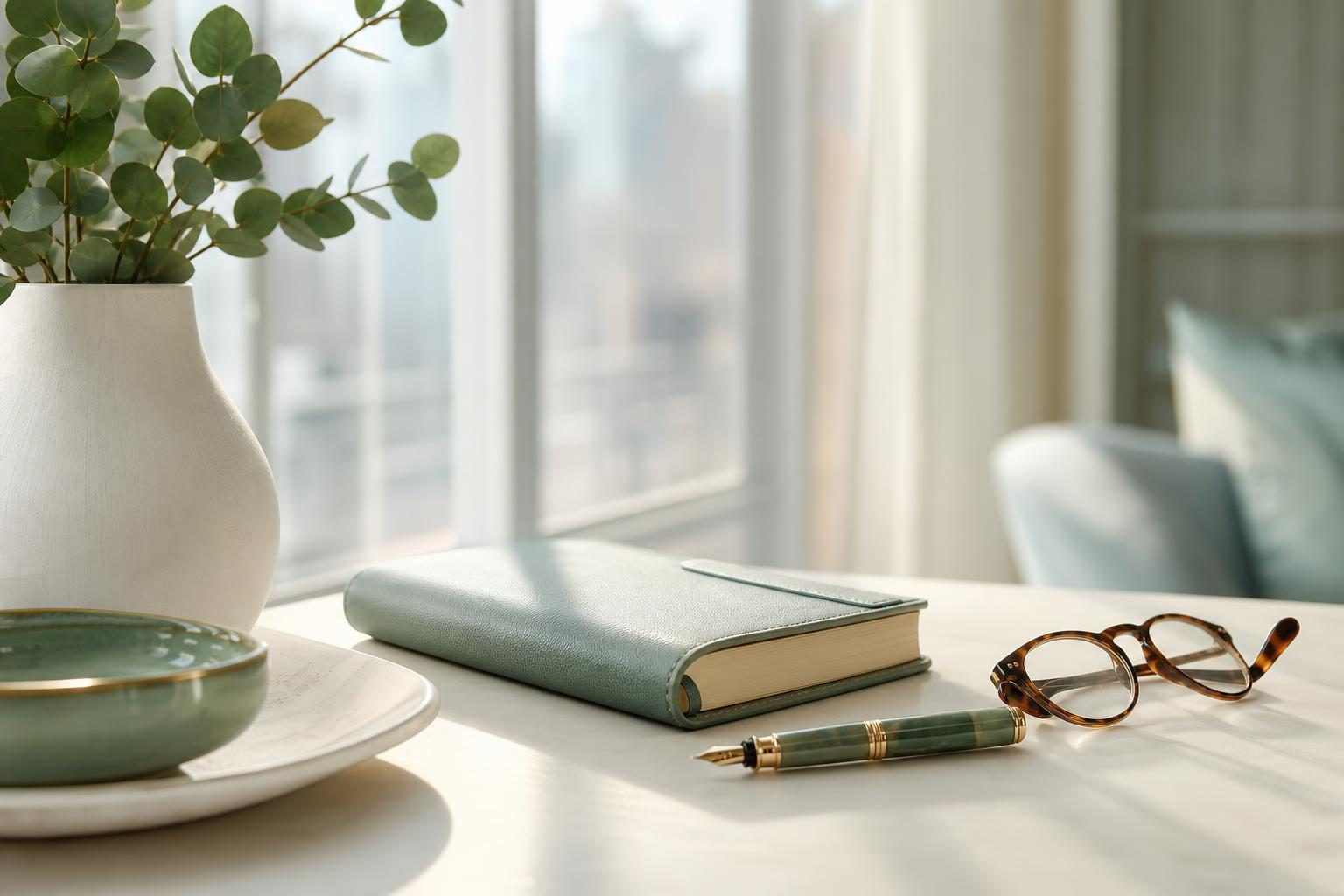 Carnet vert, stylo et lunettes posés sur une table claire près d'une fenêtre