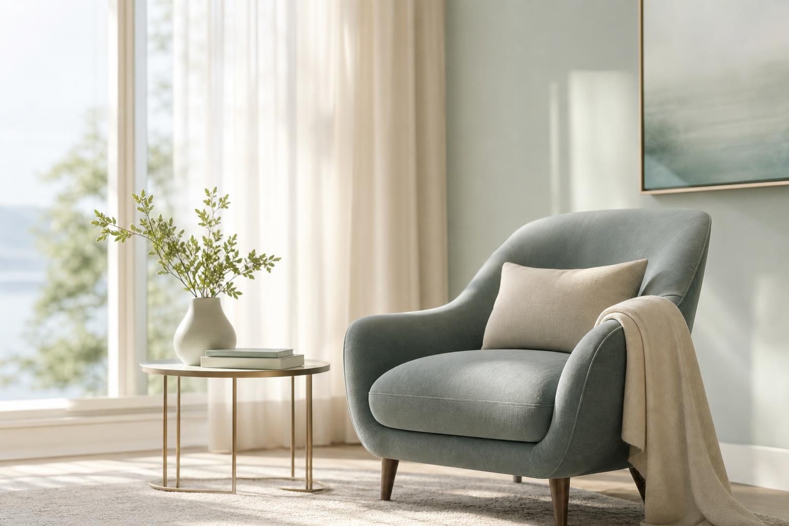 Fauteuil gris-bleu et guéridon dans une pièce lumineuse