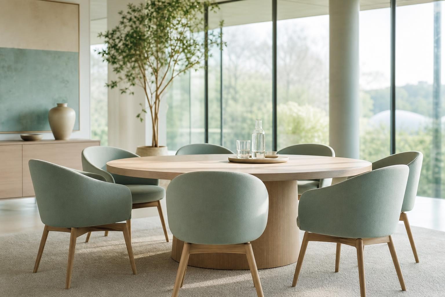 Table ronde entourée de chaises vert d'eau devant une baie vitrée