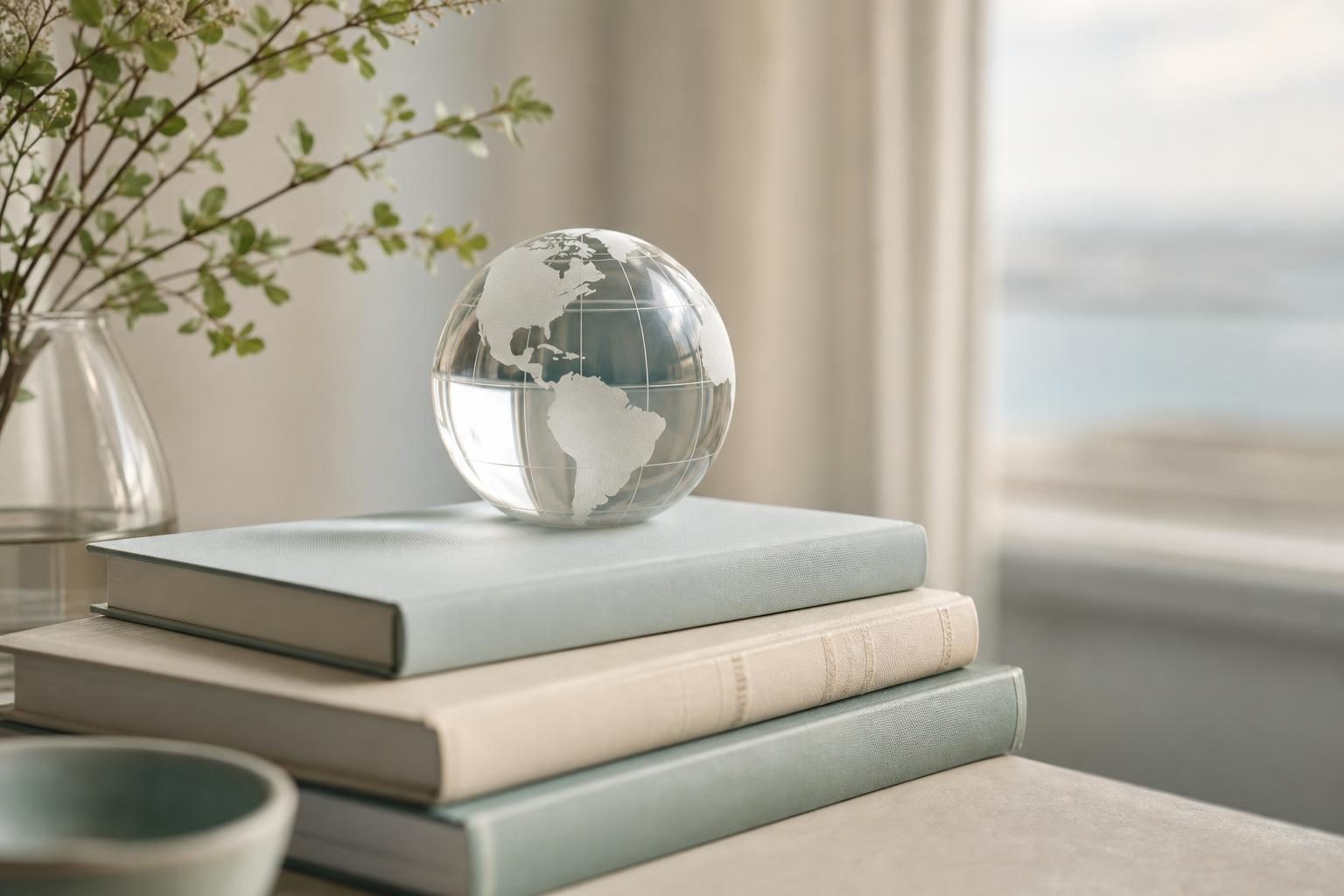 Globe de verre posé sur une pile de livres, près d'une fenêtre