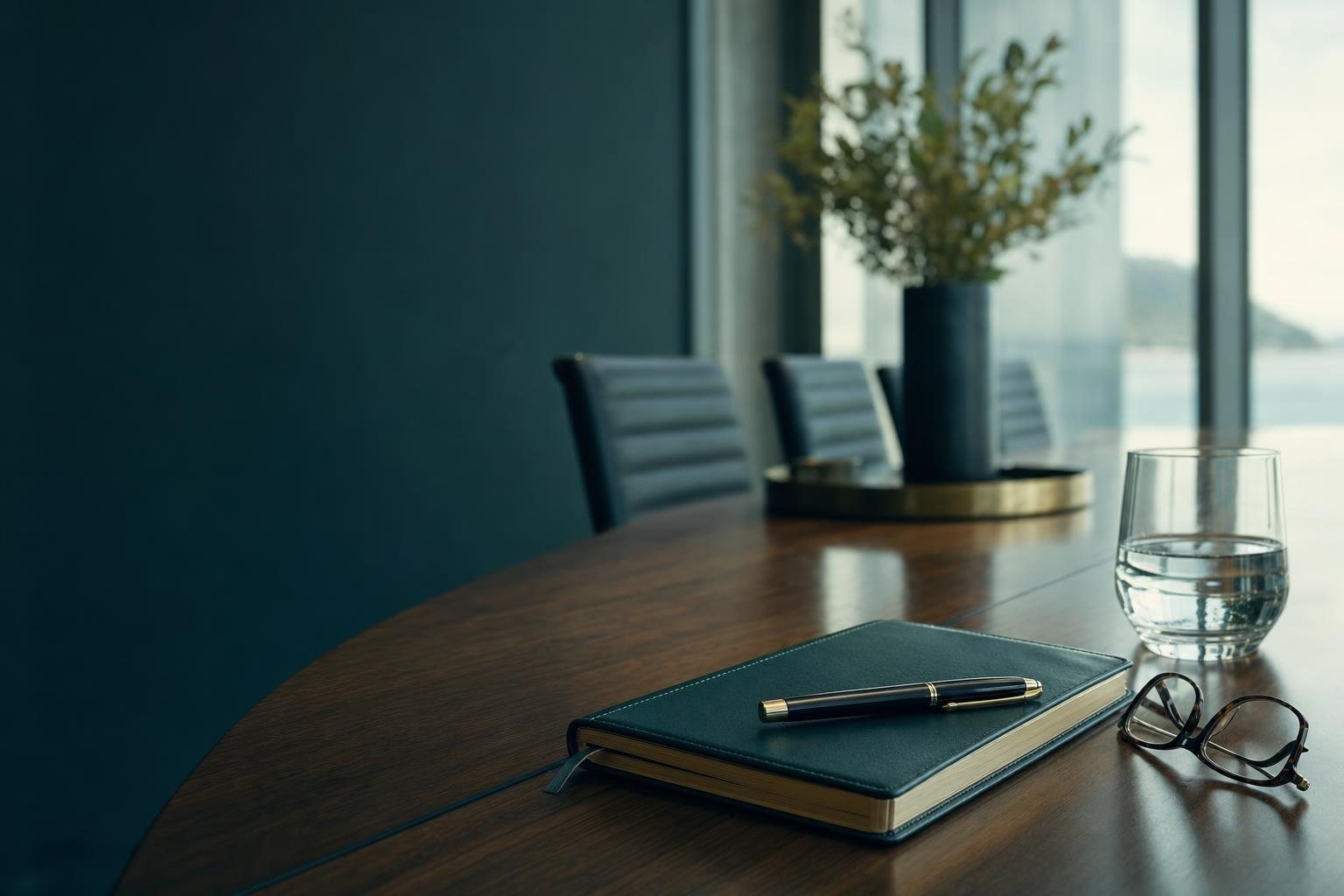 Salle de réunion, fauteuils en cuir autour d’une table