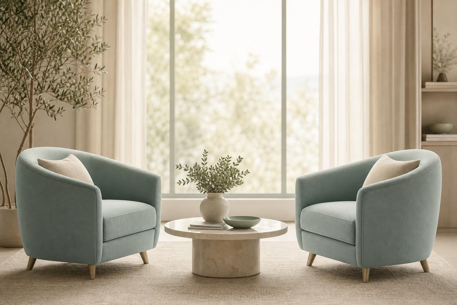 Deux fauteuils vert d'eau se faisant face autour d'une table basse
