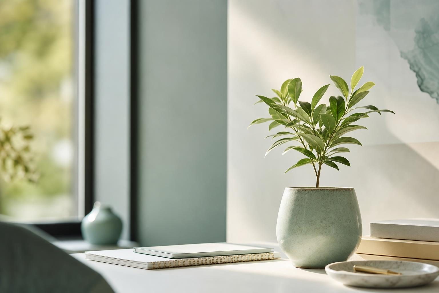 Plante verte, carnet et céramiques sur un bureau clair