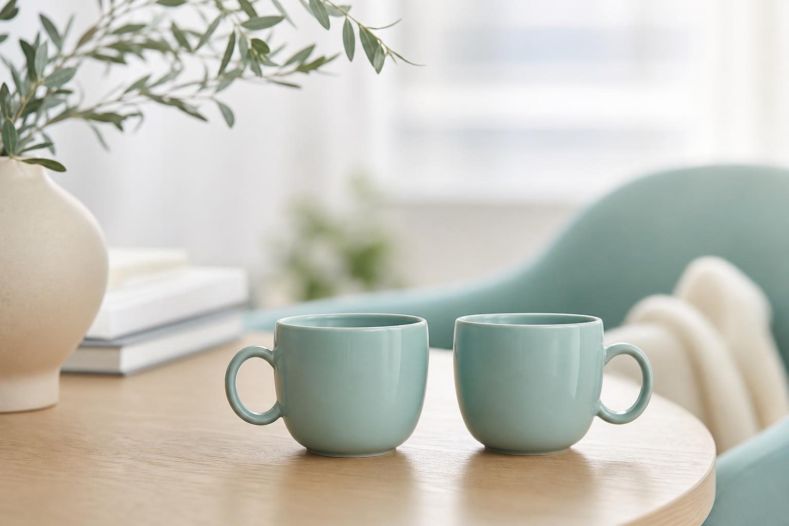 Deux tasses vert d'eau côte à côte sur une table basse