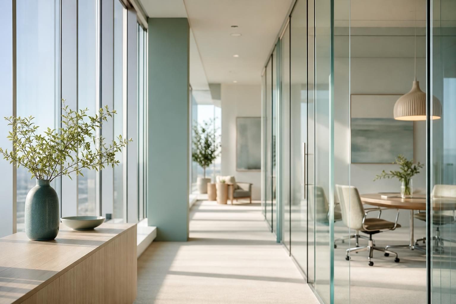 Couloir de bureaux vitrés lumineux bordé de plantes