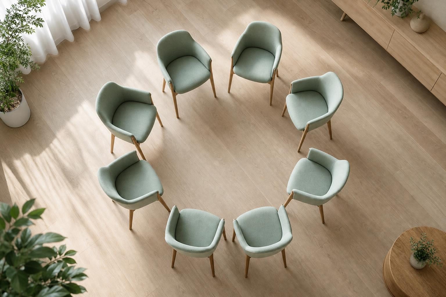 Cercle de chaises vert d'eau vu du dessus