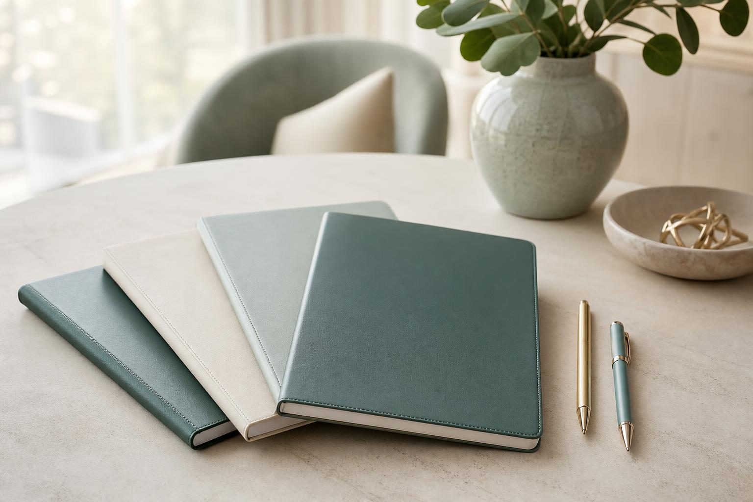 Trois carnets vert d'eau et des stylos alignés sur une table claire
