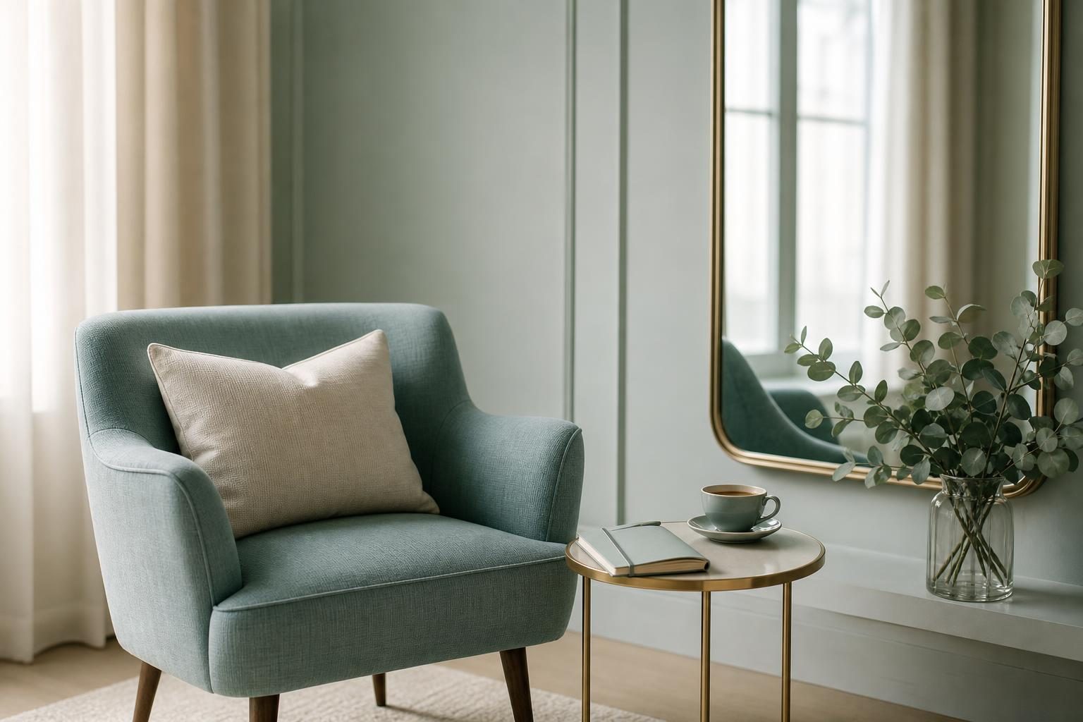 Fauteuil vert d'eau et guéridon près d'un miroir