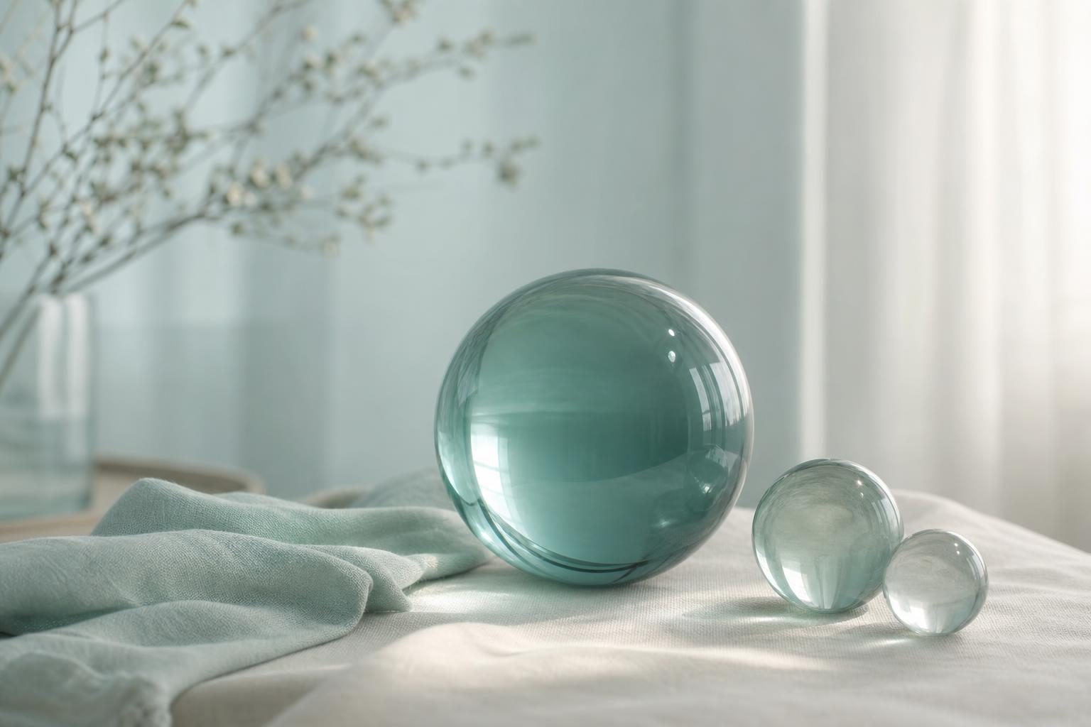 Grande sphère de verre turquoise et deux plus petites sur un drapé écru
