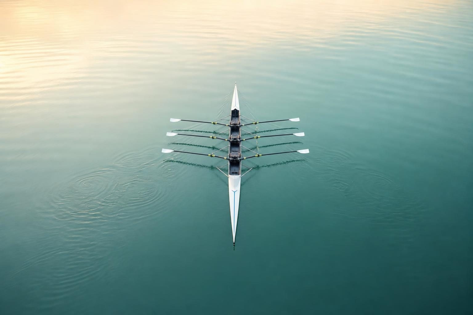 Aviron à huit vu du ciel, glissant sur une eau turquoise
