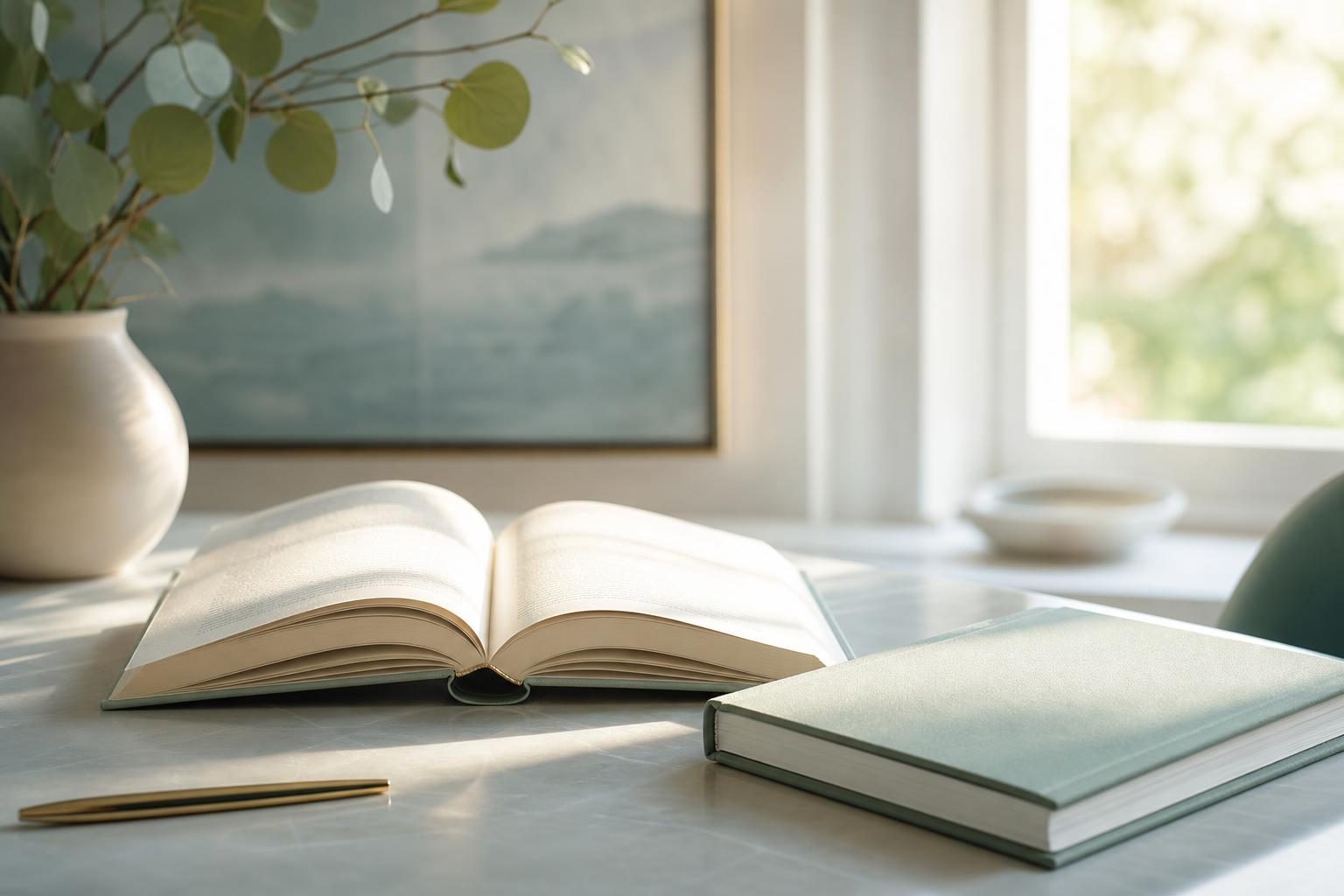 Livre ouvert et carnet posés sur une table claire, branchage en arrière-plan